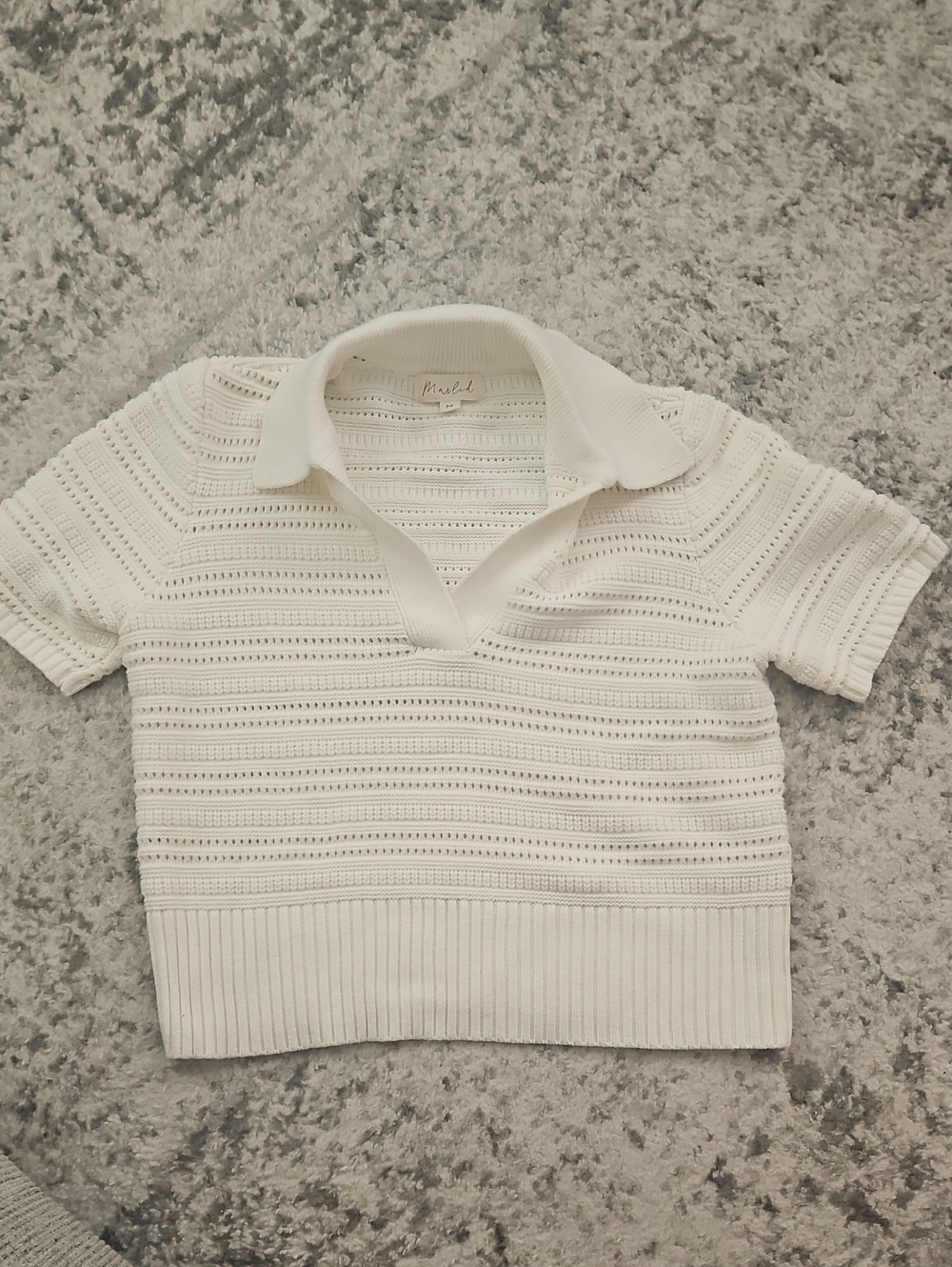 Marled Cream Open-Knit Polo Sweater Top